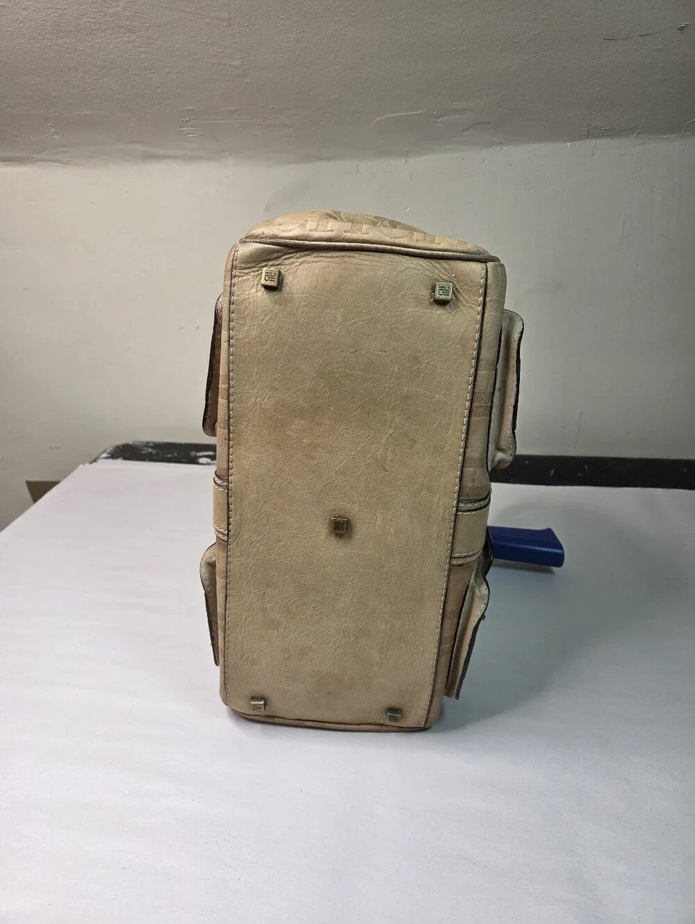 Carolina Herrera Beige Croc-Embossed Leather Satchel with Front Pockets